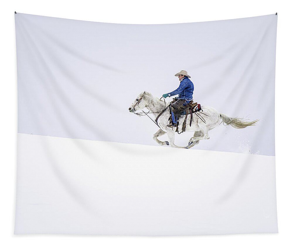 Cowboy Riding In The Snow Tapestry featuring the photograph White Light'n  by Pamela Steege