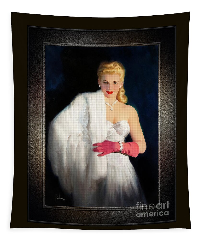 Blonde Tapestry featuring the painting White Mink and Diamonds by Art Frahm Sophisticated Pin-Up Girl Vintage Artwork by Rolando Burbon