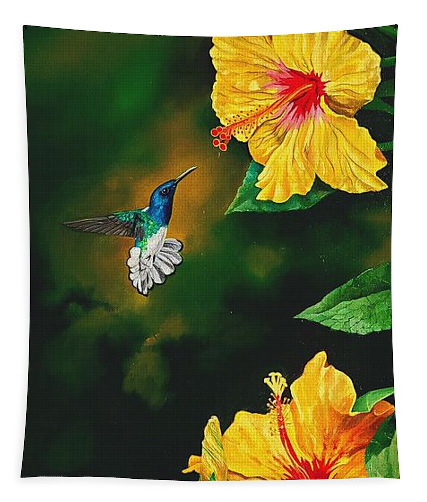 Birds Tapestry featuring the painting White Necked Jacobin and Yellow Hibiscus by Dana Newman