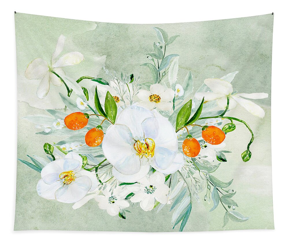 White Orchid Tapestry featuring the digital art White Orchid with Kumkwat Accent by J Marielle
