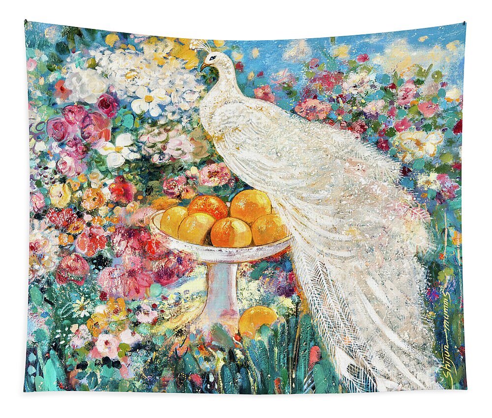 Peacock Tapestry featuring the painting White Peacock by Shijun Munns