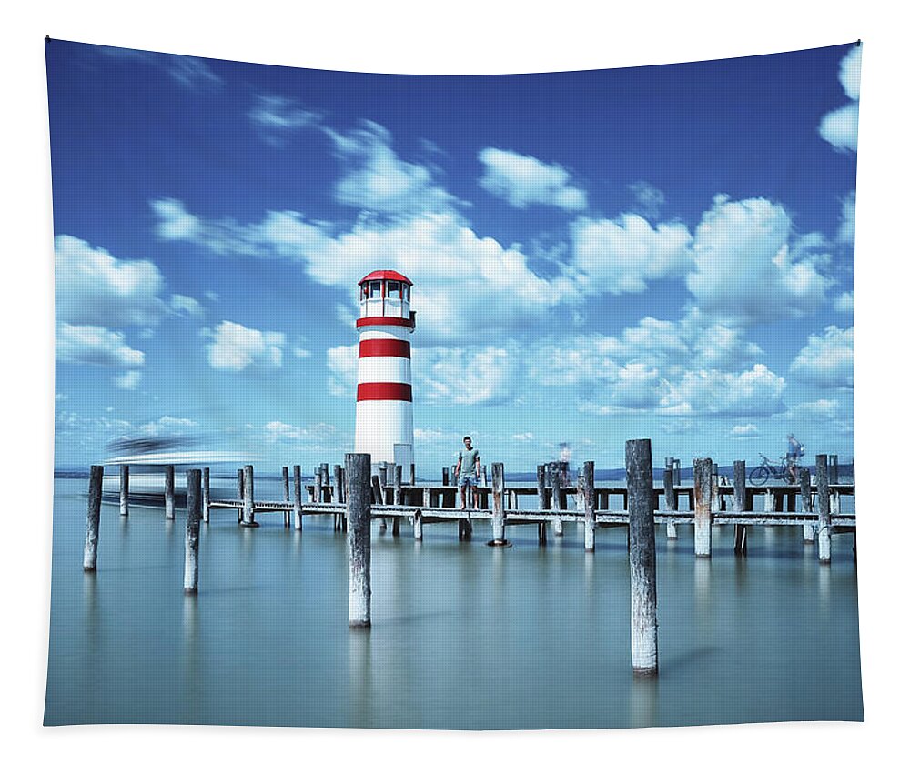 Destinations Tapestry featuring the photograph White-red lighthouse in Podersdorf am See by Vaclav Sonnek