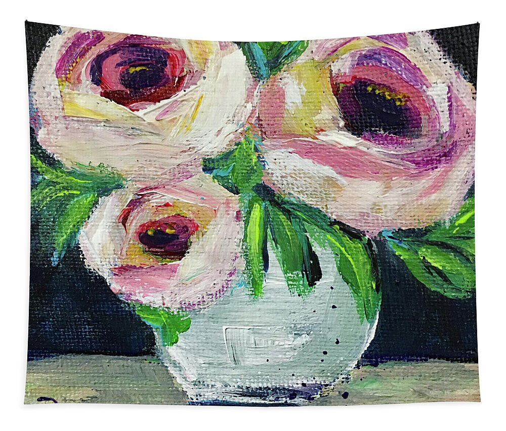 Roses Tapestry featuring the painting White Roses in a White Vase by Roxy Rich