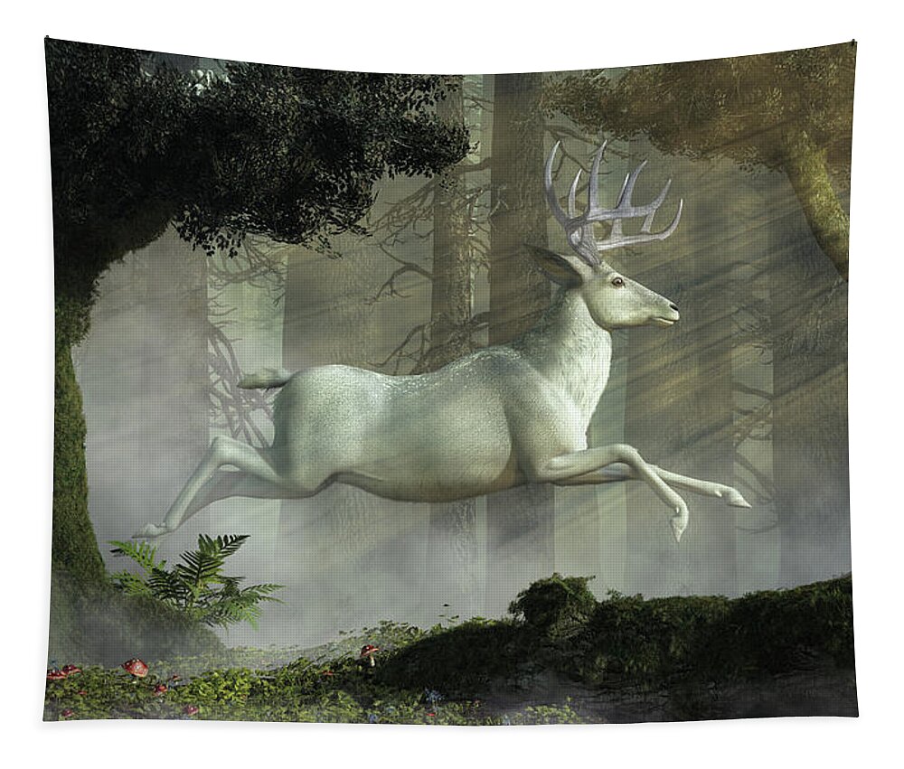 White Stag Tapestry featuring the digital art White Stag Running in the Forest by Daniel Eskridge