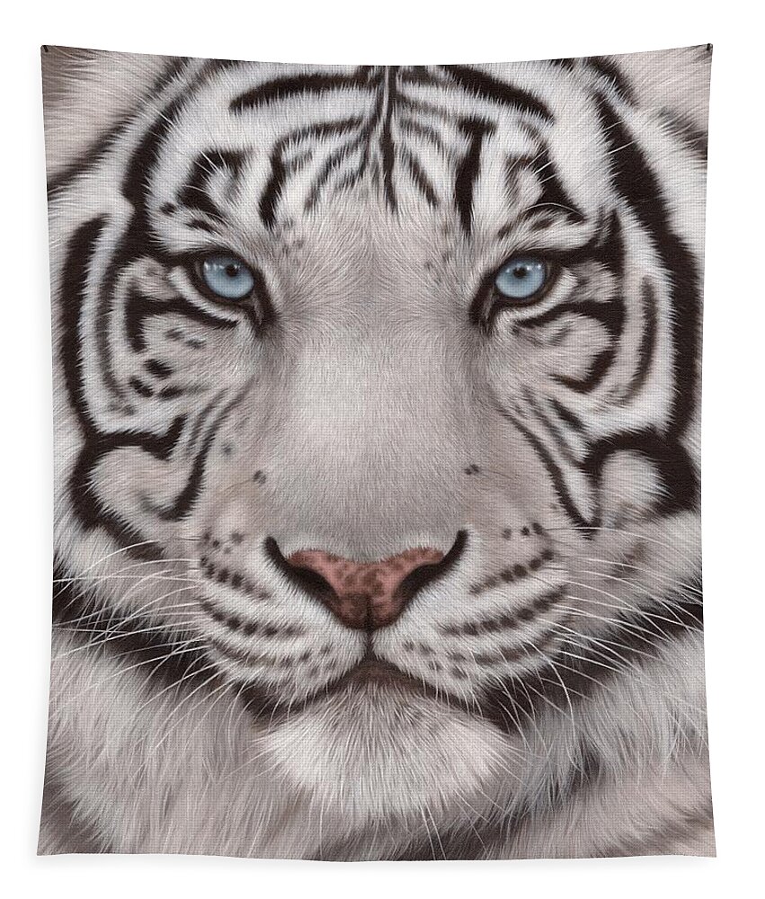 Tiger Tapestry featuring the painting White Tiger face painting by Rachel Stribbling