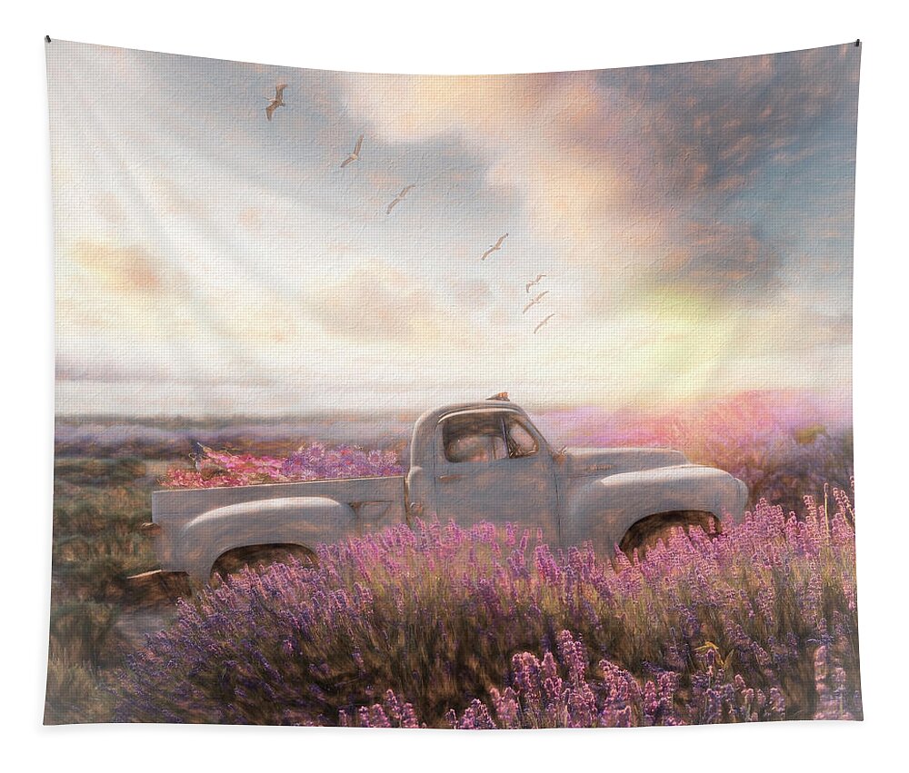 Barn Tapestry featuring the photograph White Truck in the Flower Fields Painting by Debra and Dave Vanderlaan