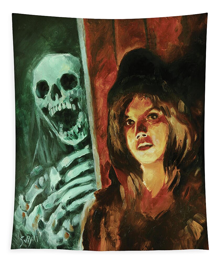 Horror Tapestry featuring the painting Who goes there by Sv Bell