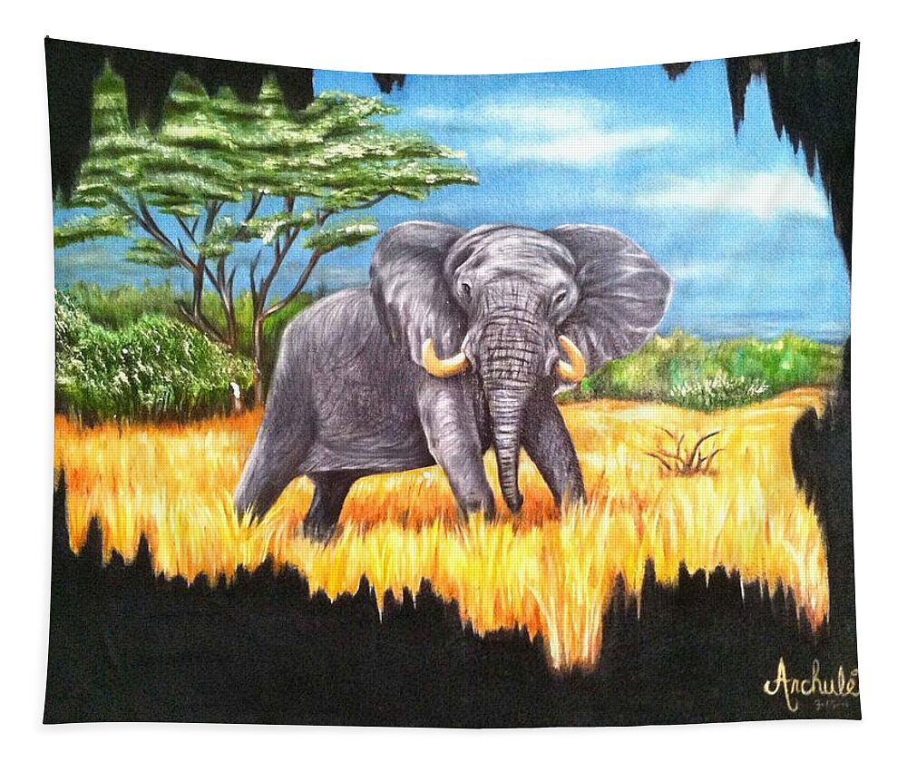 Elephant In It's Habitat Being Watched From A Distance Tapestry featuring the painting Who's Watching Who? by Ruben Archuleta - Art Gallery