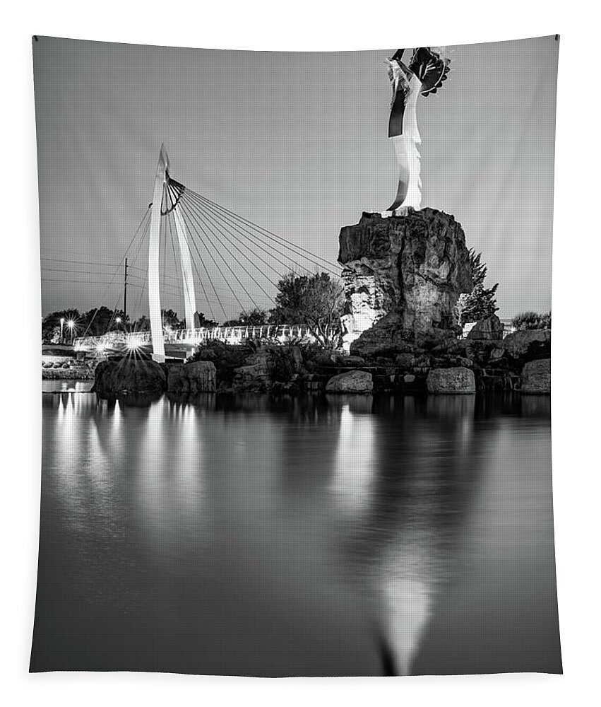 Wichita Kansas Tapestry featuring the photograph Wichita Kansas Keeper Of The Plains On The Arkansas River - Black and White by Gregory Ballos
