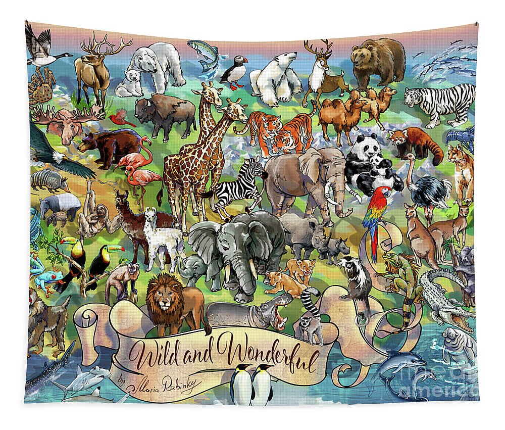 Illustration Tapestry featuring the digital art Wild and Wonderful Animals of the World by Maria Rabinky