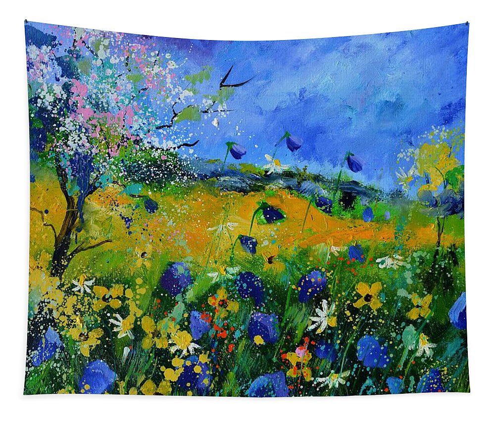 Landscape Tapestry featuring the painting Wild flowers in summer by Pol Ledent