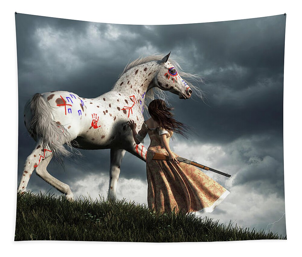 Wild West Tapestry featuring the digital art Wild West Woman and War Horse Watching a Storm by Daniel Eskridge