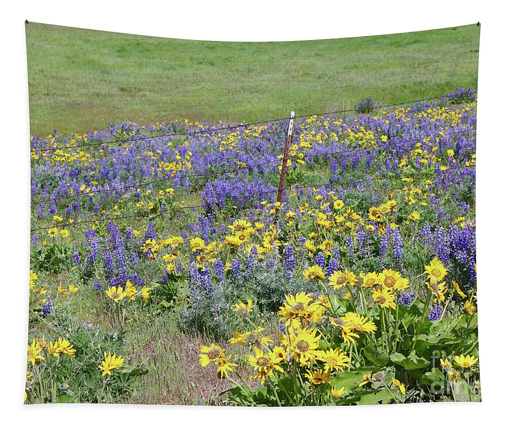 Wildflowers Tapestry featuring the photograph Wildflowers Along Barbed Wire Fence by Carol Groenen
