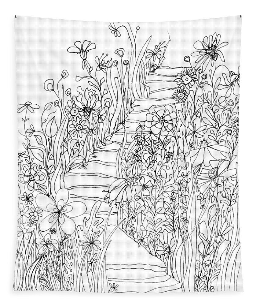 Wildflowers Stairs. Ink Drawing Art Tapestry featuring the drawing Wildflowers Stairs - Ink Drawing Art by Patricia Awapara