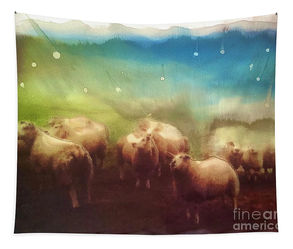 Comet Comet Shower Sheep Wool Spinning Weaving Fleece Tapestry featuring the painting Woolley Comet Shower by FeatherStone Studio Julie A Miller