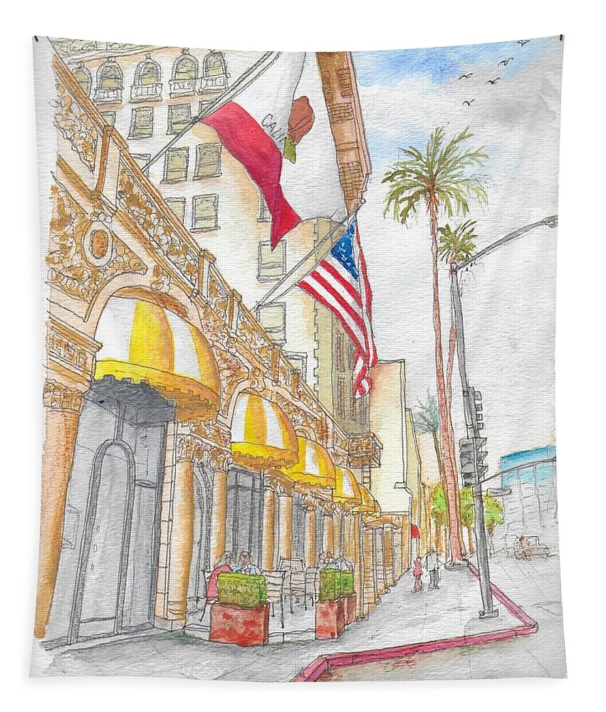 Wilshire Hotel Tapestry featuring the painting Wilshire Hotel in Beverly Hills, California by Carlos G Groppa