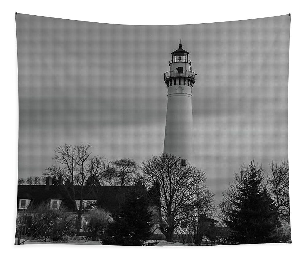 Architecture Tapestry featuring the photograph Wind Point Light - Winter black and white by Deb Beausoleil