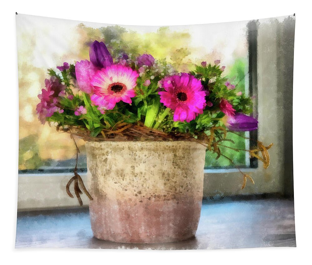 Flower Pot Tapestry featuring the painting Window Decoration 03 Flower Pot by Matthias Hauser