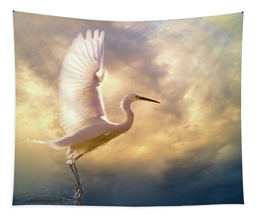 Egret Tapestry featuring the digital art Wings of Light by Nicole Wilde