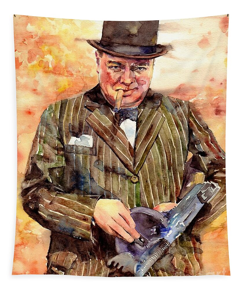 Winston Churchill Tapestry featuring the painting Winston Churchill With A Tommy Gun by Suzann Sines