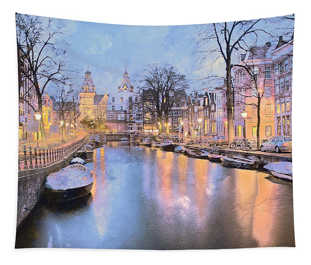 Amsterdam Tapestry featuring the mixed media Winter Amsterdam by Alex Mir