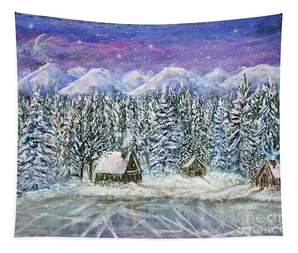 Landscape Tapestry featuring the painting Winter at the Lake by Lyric Lucas