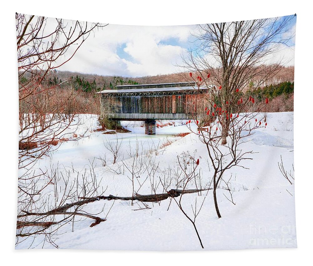 Railroad Tapestry featuring the photograph Winter at the Railroad Covered Bridge by Steve Brown