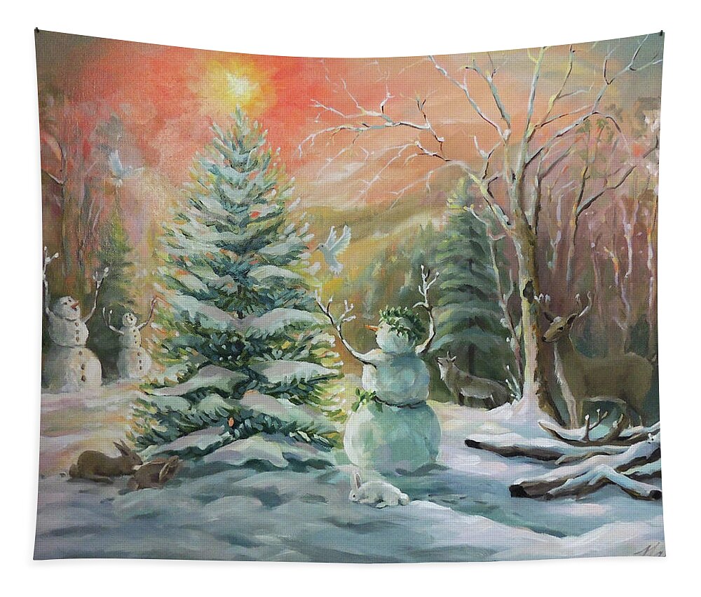 Snowman Tapestry featuring the painting Winter Celebration by Nancy Griswold