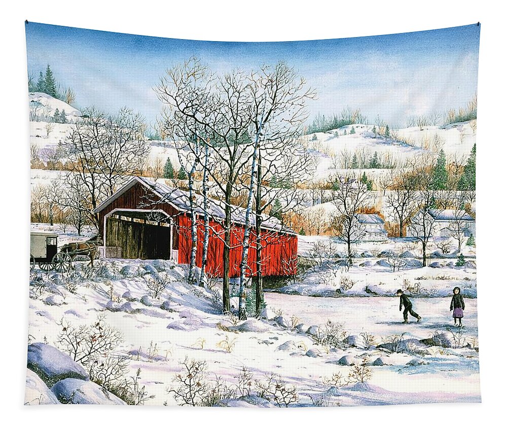 Covered Bridge Tapestry featuring the painting Winter Crossing by Diane Phalen