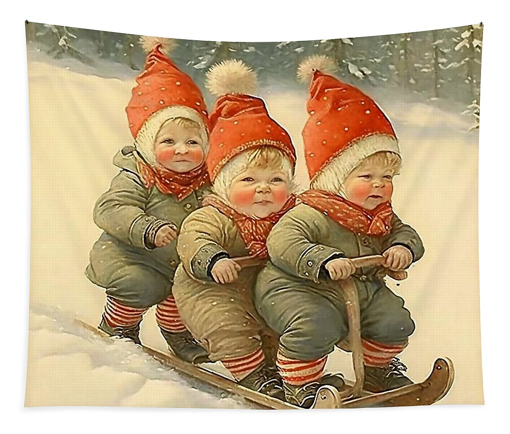 Gnome Tapestry featuring the digital art Winter Elves Sledding in the Snow by Patricia Keith