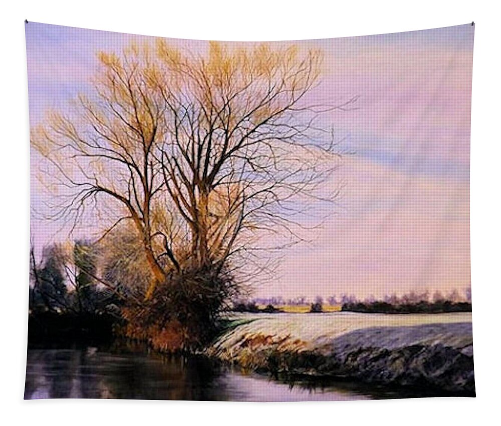 River Ouse Tapestry featuring the painting Winter Frost On The Ouse At Stony Stratford by Barry BLAKE