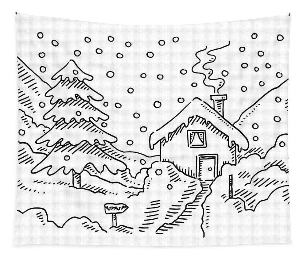 Winter Landscape Fir Tree And Small Home Drawing Stock Illustration   Download Image Now  Winter Landscape  Scenery Line Art  iStock