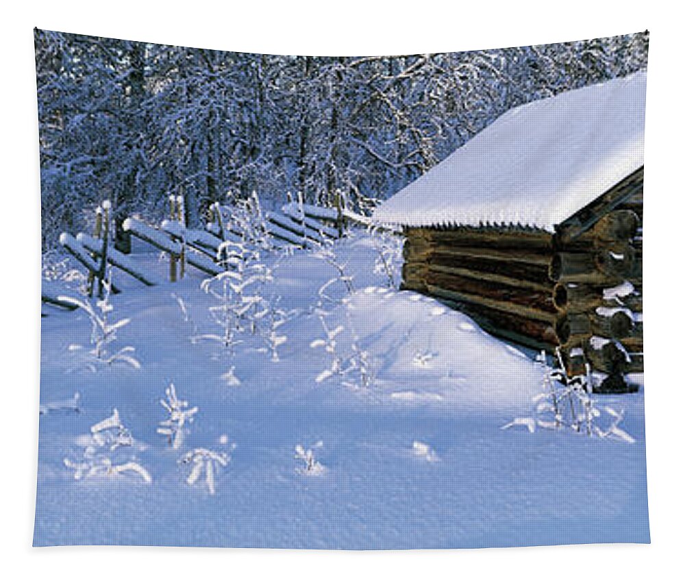 Winter Log Cabin Cabin Peaceful Daytime Afternoon Sunlight Trees Forest Snow Covered Day Snowy Wooden Building Old Abandoned Architecture Untouched Scenic Desolate Cold White Fence Secluded Area Quiet Nobody Uninhabited Simplicity Frozen Freezing Dwelling Home House Rustic Wintry Freeze Thaw Thawed Icy Thawing Season Seasonal Iced Lapland Sweden Tapestry featuring the photograph Winter Log Cabin, Lapland, Sweden by Panoramic Images