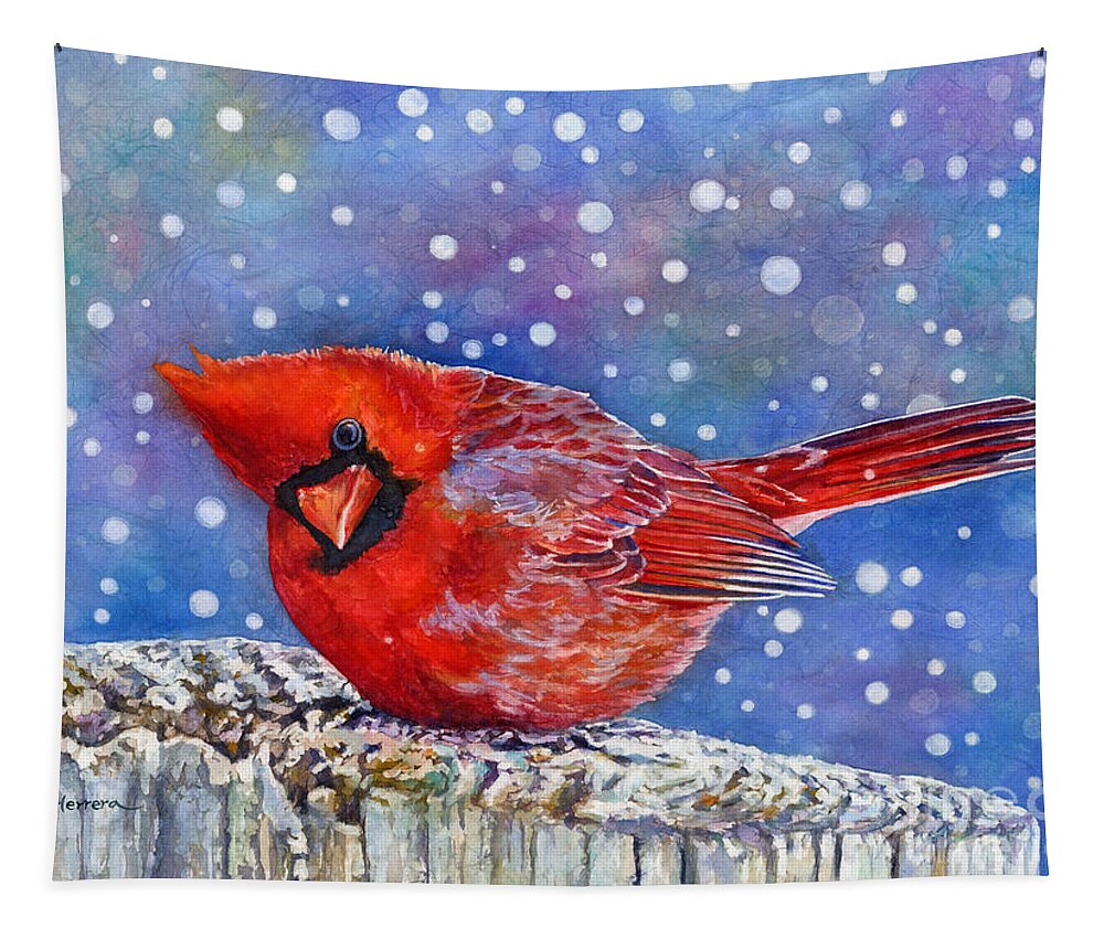 Red Cardinal Tapestry featuring the painting Winter Quietude by Hailey E Herrera