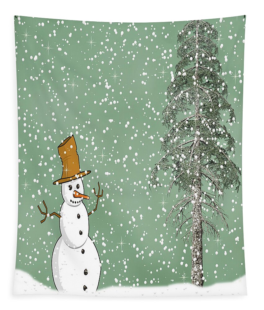 Snowman Tapestry featuring the mixed media Winter Scene With Snowman 5 by David Dehner