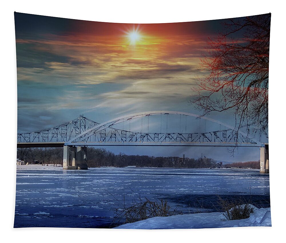 Bridge Tapestry featuring the photograph Winter Sun Over Bridge by Phil S Addis