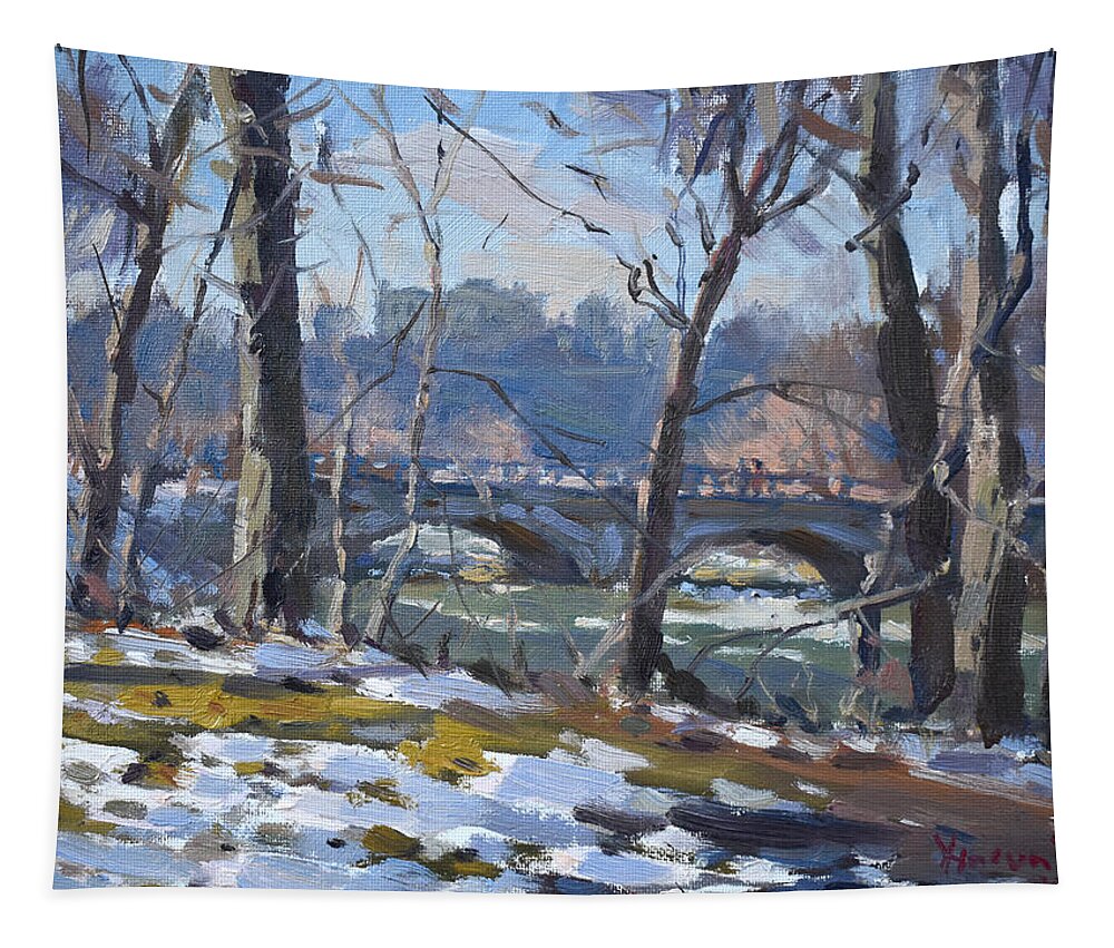 Winter Tapestry featuring the painting Winter Sunny Day by Niagara River by Ylli Haruni