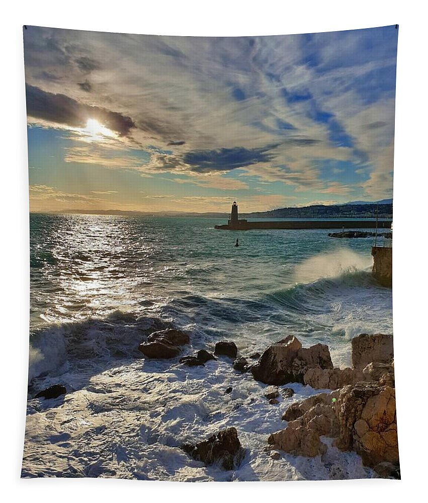 Sunset Tapestry featuring the photograph Winter Sunset on the Mediterranean by Andrea Whitaker