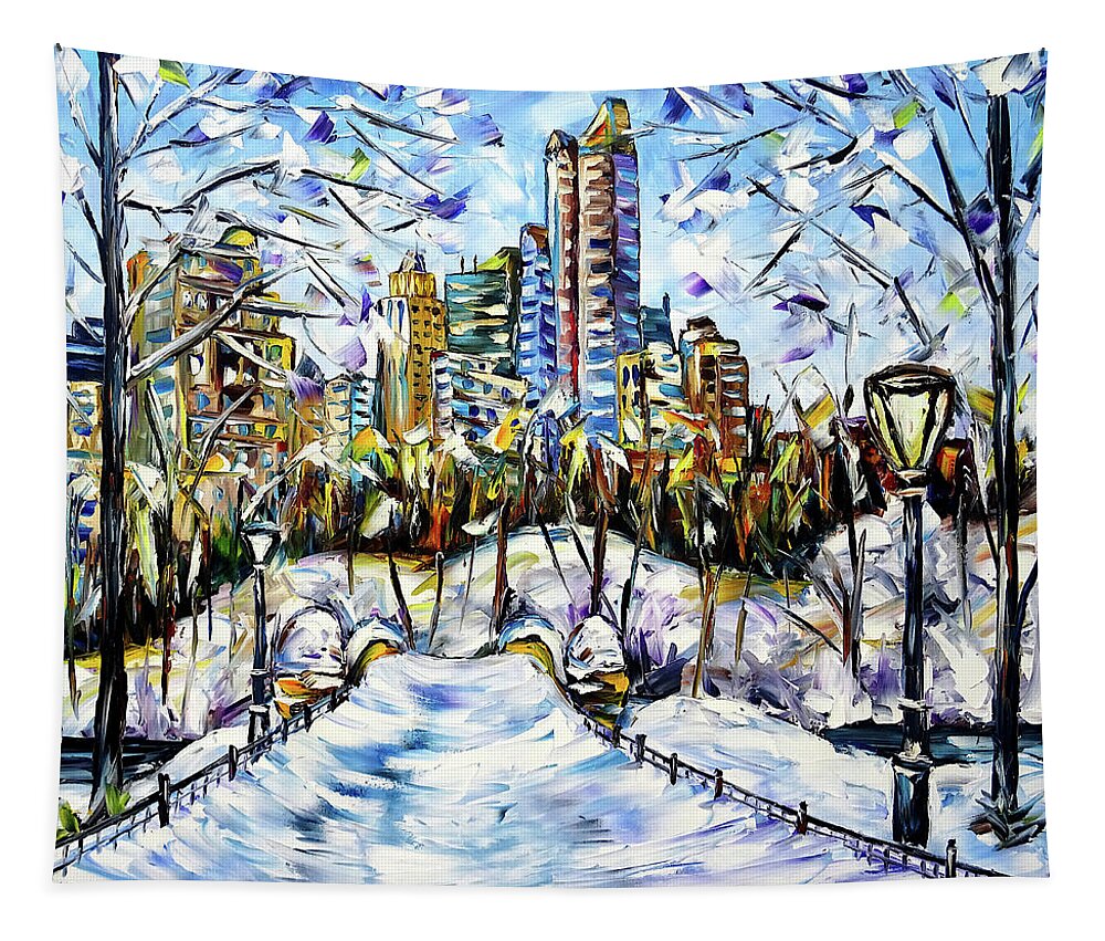 New York In Winter Tapestry featuring the painting Winter Time In New York by Mirek Kuzniar