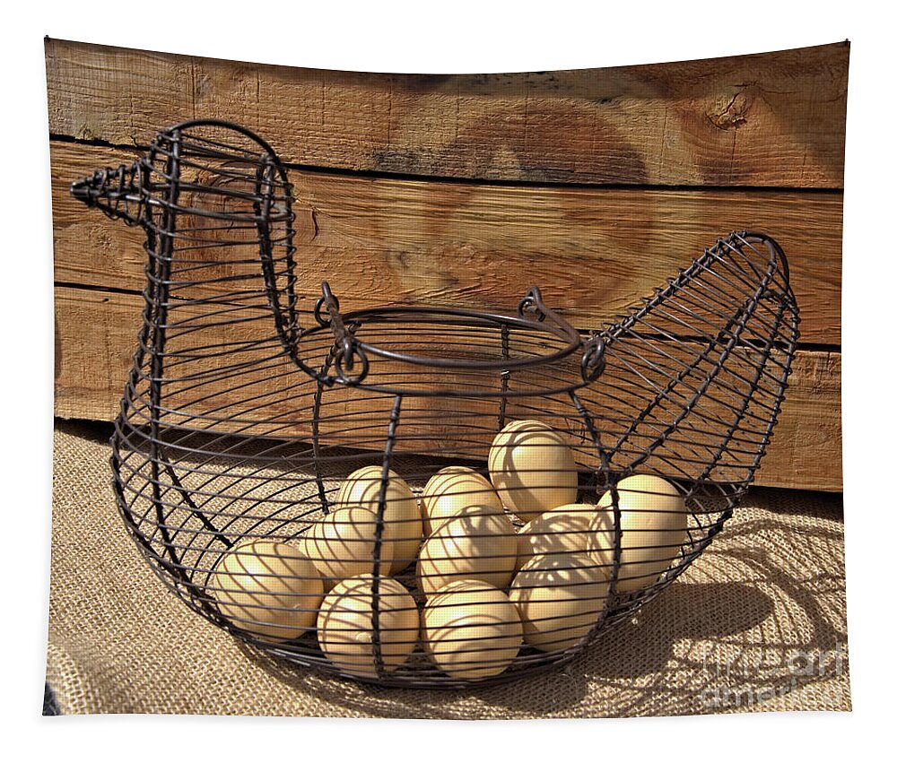 Wire Tapestry featuring the photograph Wire Chicken Faux Eggs by Kae Cheatham