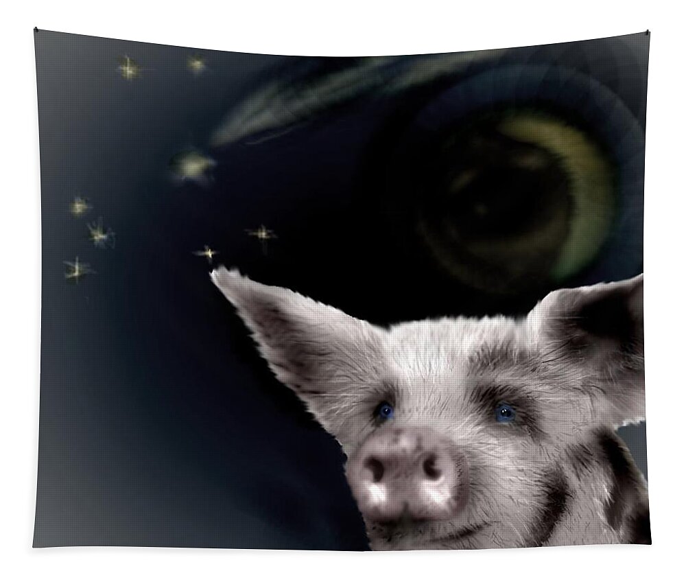 Pig Stars Shooting Stars Blue Eyed Tapestry featuring the mixed media Wishing Piggy by Pamela Calhoun