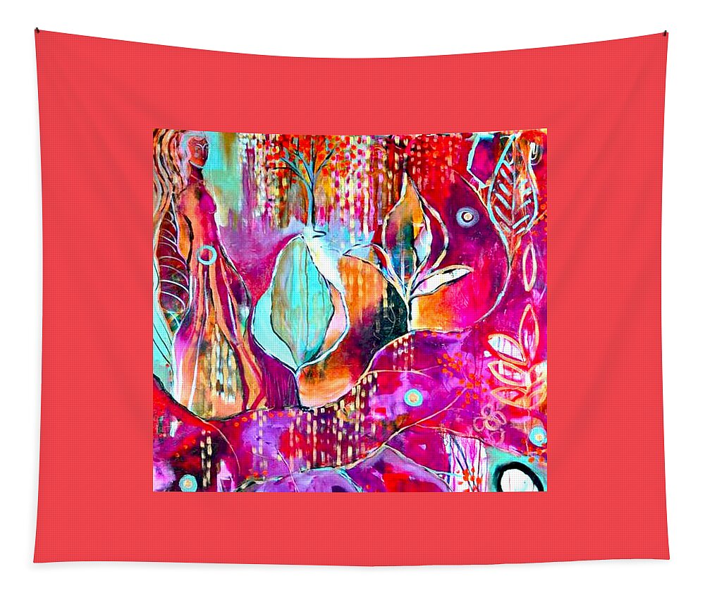 Pink Red Blue Bees Abstract Contemporary Flowers Plants Color Landscape Woman Female Artist Woman Bright Tapestry featuring the painting Witchy Woman Pink and TEAL Power to rifle by Kasey Jones