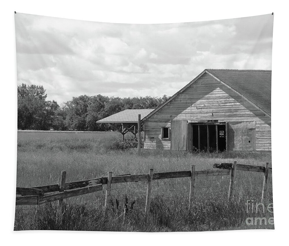 Nature Tapestry featuring the photograph Wobbly Fence and Old Barn by Mary Mikawoz