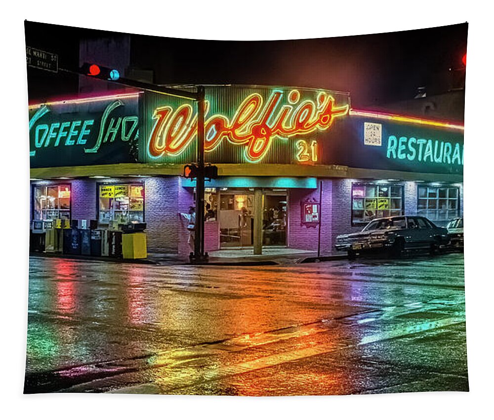 © 2021 Lou Novick All Rights Reversed Tapestry featuring the photograph Wolfie's Coffee Shope by Lou Novick