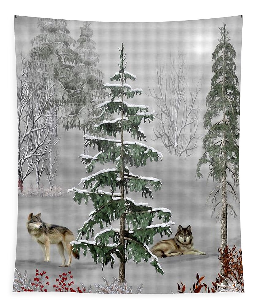 Wolf Tapestry featuring the mixed media Wolves In The Winter Forest Color by David Dehner