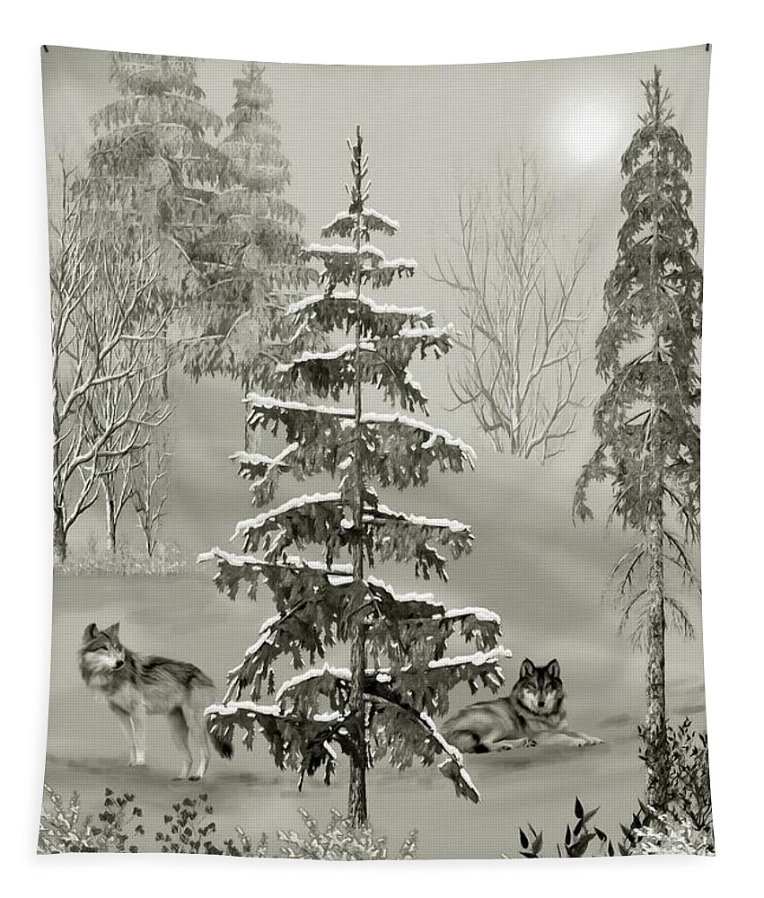 Wolf Tapestry featuring the mixed media Wolves In The Winter Forest by David Dehner