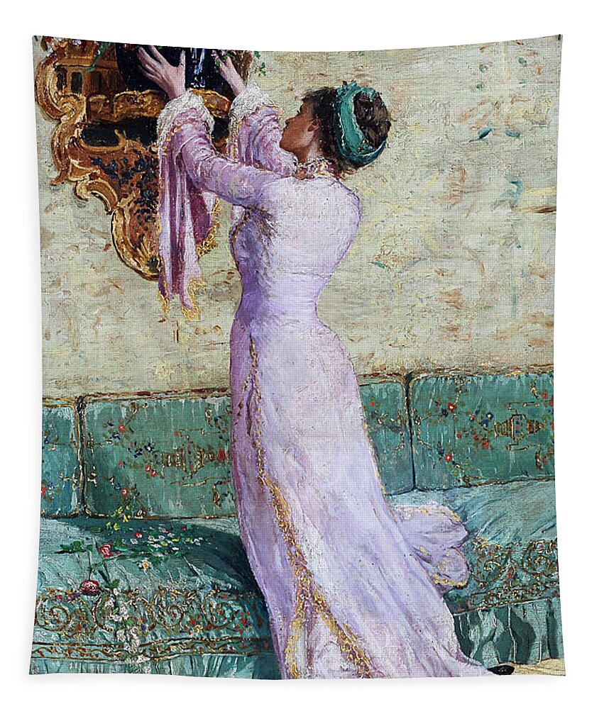 Woman Tapestry featuring the photograph Woman and Flowers in 1883 by Munir Alawi