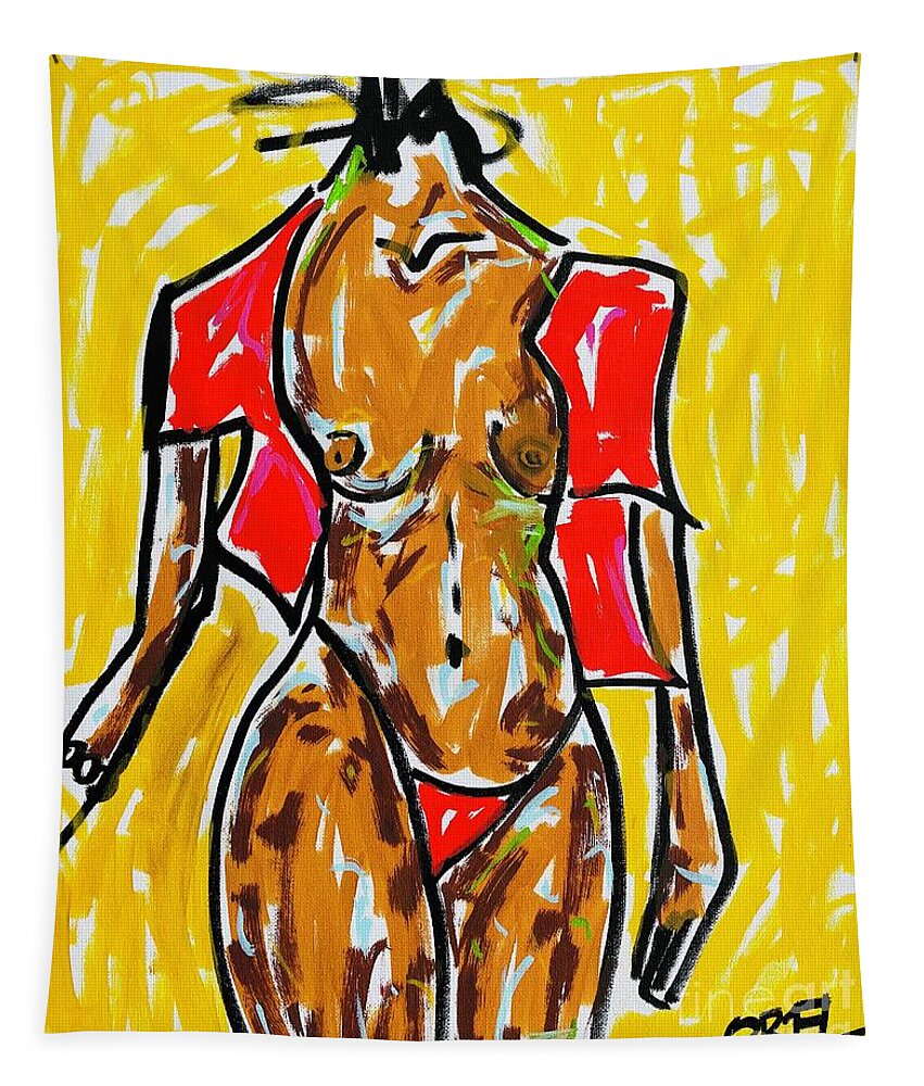 Figure Tapestry featuring the mixed media Woman in Red by Oriel Ceballos