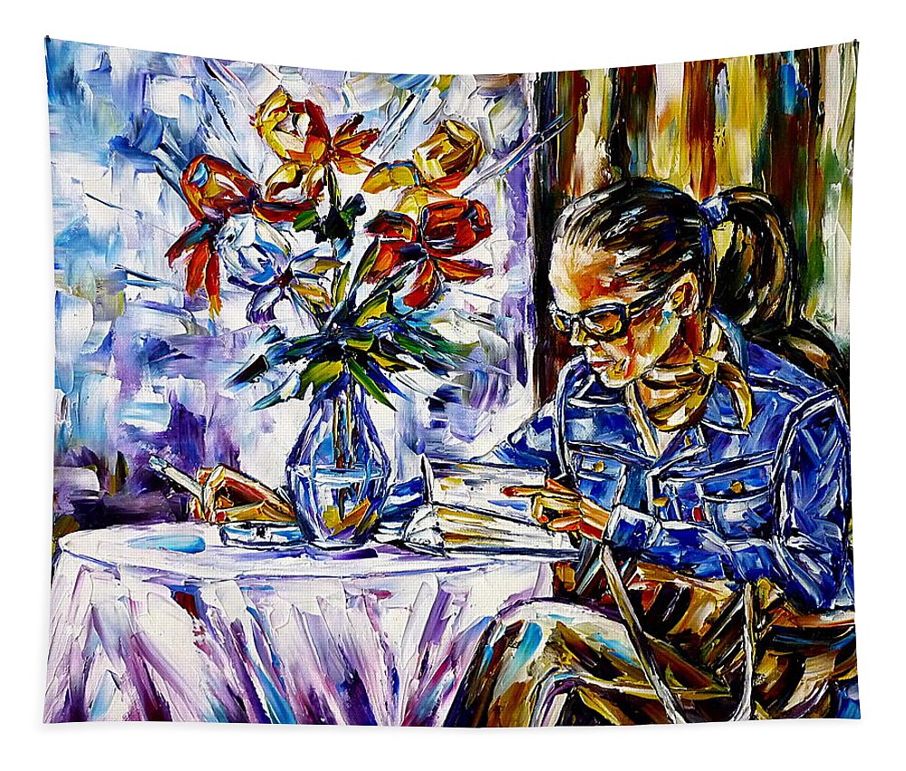 Sitting In A Street Cafe Tapestry featuring the painting Woman In The Cafe by Mirek Kuzniar