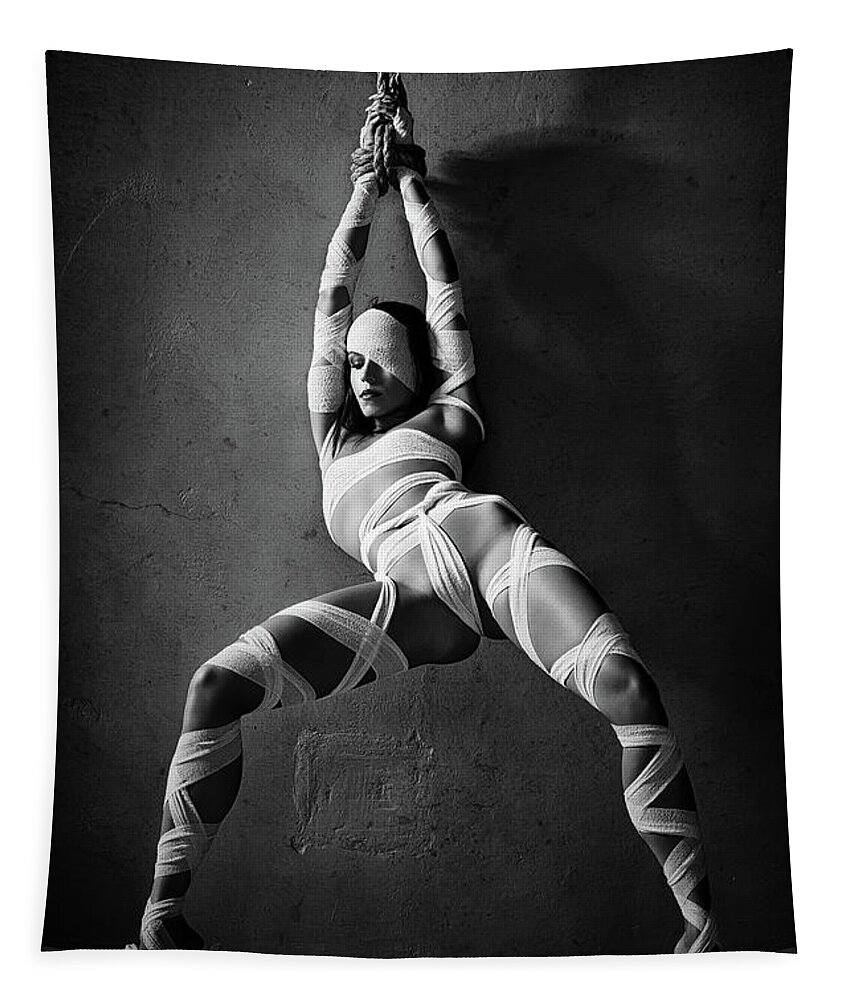 Woman Tapestry featuring the photograph Woman tied up in bandages by Johan Swanepoel